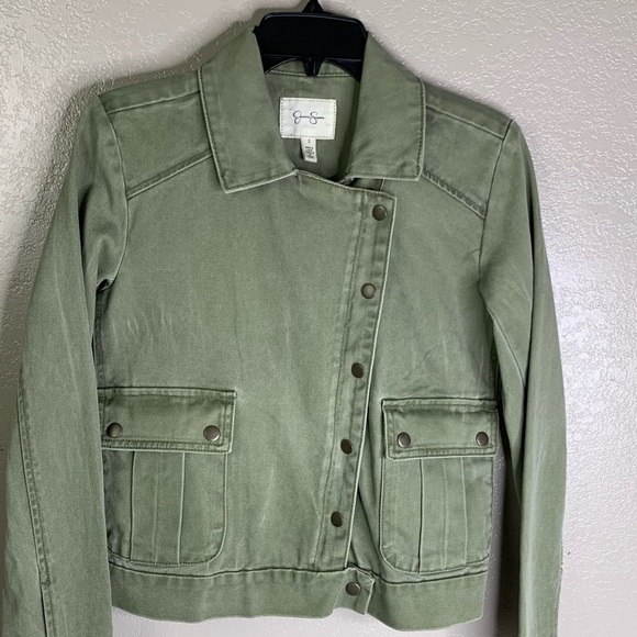 Jessica Simpson Fatigue Green Crop Denim Jacket Snaps & Zip Closure New Sz Small - Picture 13 of 16